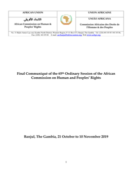Final Communiqué of the 65Th Ordinary Session of the African Commission on Human and Peoples’ Rights