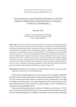 Ustanowienie Stosunków Dyplomatycznych Między Odrodzoną Rzeczpospolitą Polską a Stolicą Apostolską