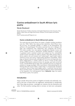 Canine Embodiment in South African Lyric Poetry Wendy Woodward