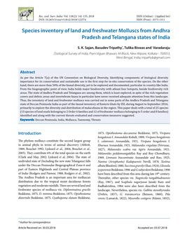 Species Inventory of Land and Freshwater Molluscs from Andhra Pradesh and Telangana States of India