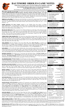 BALTIMORE ORIOLES GAME NOTES Oriole Park at Camden Yards  333 West Camden Street  Baltimore, MD 21201