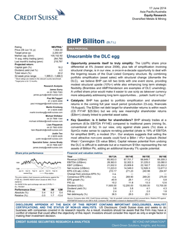 BHP Billiton (BLT.L) Rating NEUTRAL* M&A PROPOSAL