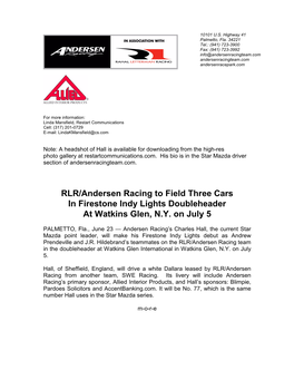 RLR/Andersen Racing to Field Three Cars in Firestone Indy Lights Doubleheader at Watkins Glen, N.Y