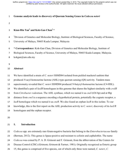 Genome Analysis Leads to Discovery of Quorum Sensing Genes in Cedecea Neteri