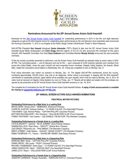 Nominations Announced for the 20Th Annual Screen Actors Guild Awards®
