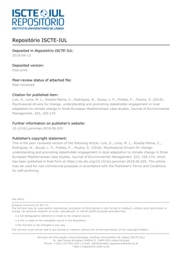 Psychosocial Drivers for Change: Understanding and Promoting Stakeholder Engagement in Local Adaptation to Climate Change in Three European Mediterranean Case Studies