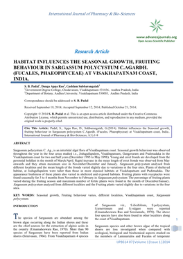 Habitat Influences the Seasonal Growth, Fruiting Behaviour in Sargassum Polycystum C.Agardh