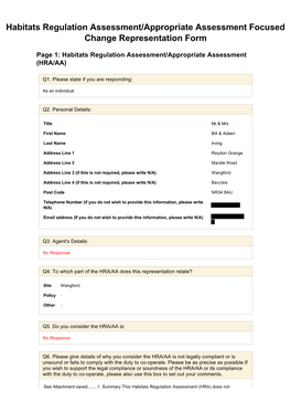 Habitats Regulation Assessment/Appropriate Assessment Focused Change Representation Form