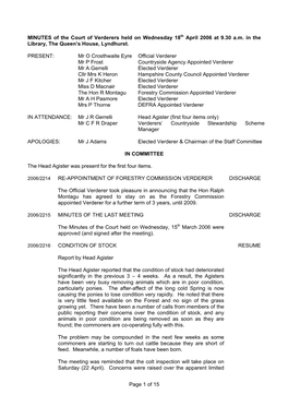 MINUTES of the Court of Verderers Held on Wednesday, 18Th April 2006