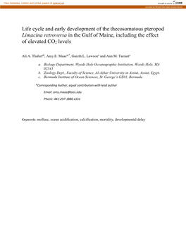 Life Cycle and Early Development of the Thecosomatous Pteropod Limacina Retroversa in the Gulf of Maine, Including the Effect of Elevated CO2 Levels