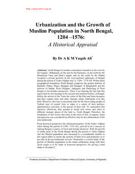 Urbanization and the Growth of Muslim Population in North Bengal, 1204 –1576: a Historical Appraisal