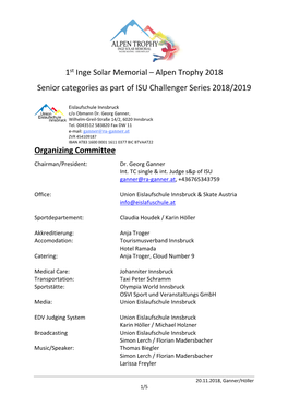 1St Inge Solar Memorial – Alpen Trophy 2018 Senior Categories As Part of ISU Challenger Series 2018/2019