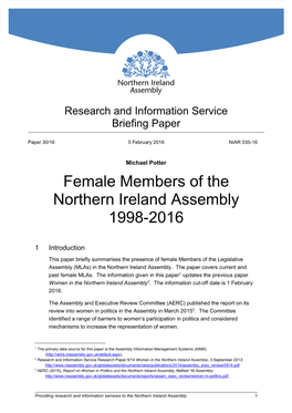Female Members of the Northern Ireland Assembly 1998-2016