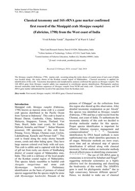 Classical Taxonomy and 16S Rrna Gene Marker Confirmed First Record of the Menippid Crab Menippe Rumphii (Fabricius, 1798) from the West Coast of India