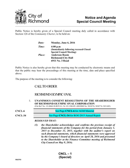 Notice and Agenda Special Council Meeting CALL to ORDER