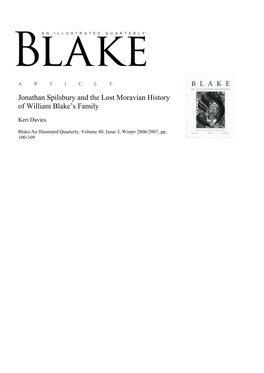 Jonathan Spilsbury and the Lost Moravian History of William Blake's