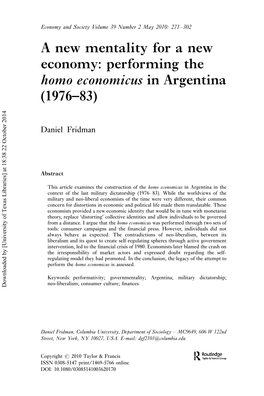 A New Mentality for a New Economy: Performing the Homo Economicus in Argentina (1976Á83)