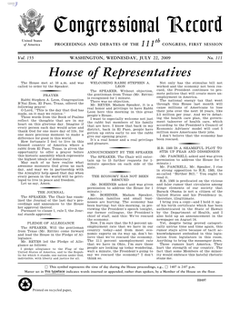 Congressional Record United States Th of America PROCEEDINGS and DEBATES of the 111 CONGRESS, FIRST SESSION