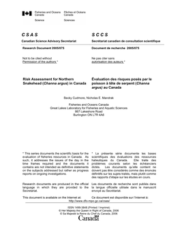 Risk Assessment for Northern Snakehead (Channa Argus)