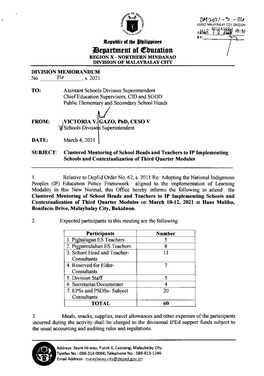 Clustered Mentoring of School Heads and Teachers to IP Implementing Schools and Contextualization Ofthird Quarter Modules