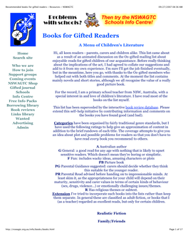 Recommended Books for Gifted Readers - Resources - NSWAGTC 09/27/2007 08:36 AM