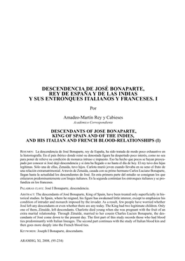 DESCENDENCIA DE JOSÉ BONAPARTE, REY DE ESPAÑA Y DE LAS INDIAS Y SUS ENTRONQUES ITALIANOS Y FRANCESES. I Por Amadeo-Martín Rey Y Cabieses Académico Correspondiente