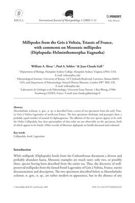 Millipedes from the Grès À Voltzia, Triassic of France, with Comments on Mesozoic Millipedes (Diplopoda: Helminthomorpha: Eugnatha)