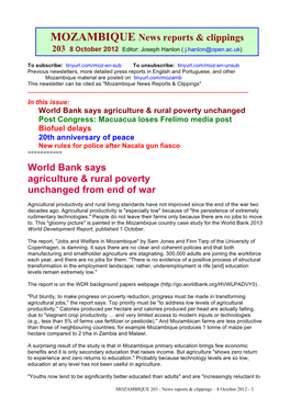 World Bank Says Agriculture & Rural Poverty Unchanged from End of War MOZAMBIQUE News Reports & Clippings