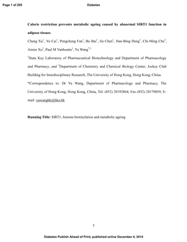 Calorie Restriction Prevents Metabolic Ageing Caused by Abnormal SIRT1 Function in Adipose Tissues Cheng Xu , Yu Cai , Pengchen