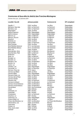 Communes Et Lieux-Dits Du District Des Franches-Montagnes Dernière Mise À Jour : 22 Décembre 2009