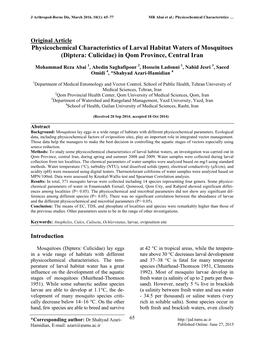 Physicochemical Characteristics of Larval Habitat Waters of Mosquitoes (Diptera: Culicidae) in Qom Province, Central Iran