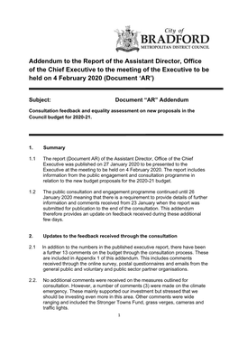 Addendum to the Report of the Assistant Director, Office of the Chief Executive to the Meeting of the Executive to Be Held on 4 February 2020 (Document ‘AR’)