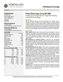 Initiating Coverage Pulse Beverage Corp (PLSB)