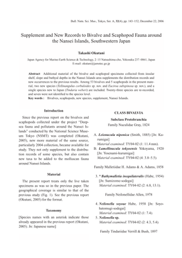 Supplement and New Records to Bivalve and Scaphopod Fauna Around the Nansei Islands, Southwestern Japan