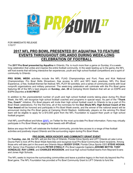 2017 Nfl Pro Bowl Presented by Aquafina to Feature Events Throughout Orlando During Week-Long Celebration of Football