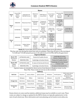 Common Student MBTA Routes