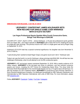 01-15-15 JEOPARDY John Schultz 5-Day Champ Release Approved.Docx