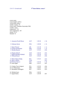 12.01.75. Grindelwald 2 Giant Slalom, Women* Course Name: Course Length: 1230 M Vertical Drop: 600 M Number of Gates: 55 Cour