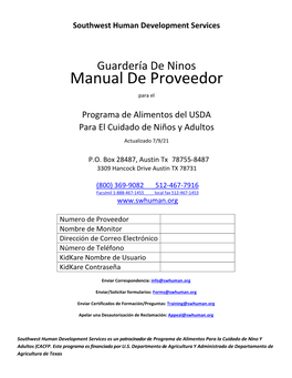 Guardería De Ninos Manual De Proveedor Para El