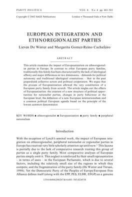 EUROPEAN INTEGRATION and ETHNOREGIONALIST PARTIES Lieven De Winter and Margarita Gomez-Reino Cachafeiro