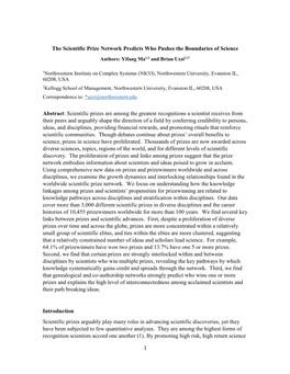 The Scientific Prize Network Predicts Who Pushes the Boundaries of Science Authors: Yifang Ma1,2 and Brian Uzzi1,2*