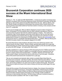 Brunswick Corporation Continues 2020 Success at the Miami International Boat Show