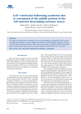 Left Ventricular Ballooning Syndrome Due to Vasospasm of the Middle Portion of the Left Anterior Descending Coronary Artery