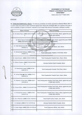 GOVERNMENT of the PUNJAB PRIMARY & SECONDARY HEALTHCARE DEPARTMENT Dated Lahore, the 1St, March 2021