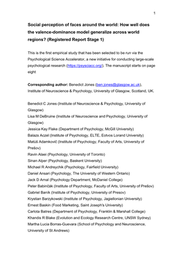 Social Perception of Faces Around the World: How Well Does the Valence-Dominance Model Generalize Across World Regions? (Registered Report Stage 1)