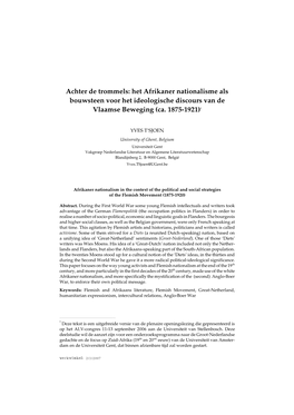 Achter De Trommels: Het Afrikaner Nationalisme Als Bouwsteen Voor Het Ideologische Discours Van De Vlaamse Beweging (Ca. 1875-1921)*