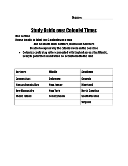 Study Guide Over Colonial Times