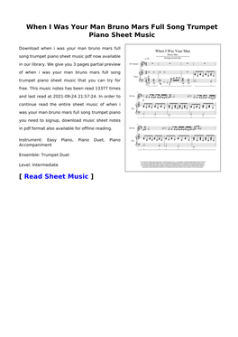 When I Was Your Man Bruno Mars Full Song Trumpet Piano Sheet Music