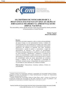 Os Critérios De Noticiabilidade E a Relevância Das Pautas Levadas Ao Ar Pelas Jornalistas Mulheres Na Apresentação Do Jornal