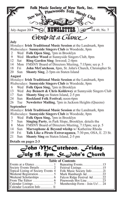 John Mccutcheon, Friday, July 18, 8Pm, St.John's Church Table of Contents Events at a Glance